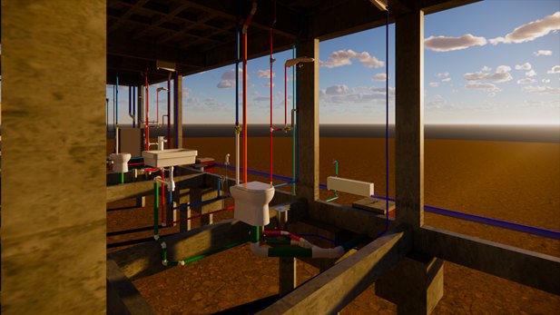 Modelo 3D de instalações hidrossanitárias em obra